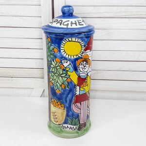 La Musa Vintage Hand Painted Ceramic Spaghetti Jar Blue